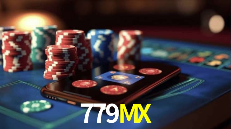 Escena dinámica inspirada en casino con iluminación 779MX, cartas, fichas e íconos de juegos digitales en un espacio moderno de juegos.