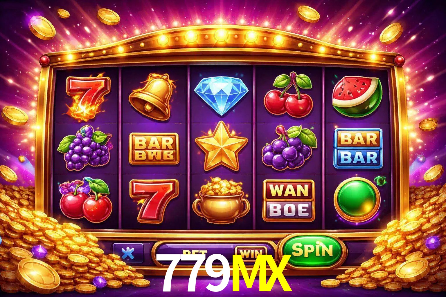 Una interfaz colorida de tragamonedas en línea con símbolos brillantes, monedas y un efecto de victoria celebratoria en 779MX.